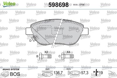 Комплект тормозных колодок, дисковый тормоз VALEO 598698 для FIAT IDEA