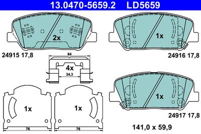 Комплект тормозных колодок, дисковый тормоз ATE 13.0470-5659.2 для KIA OPTIMA