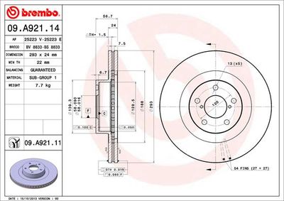 BREMBO 09.A921.11 Тормозные диски  для SUBARU OUTBACK (Субару Оутбакk)