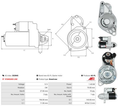 Startmotor AS-PL S5394S för MITSUBISHI, CHRYSLER, FIAT
