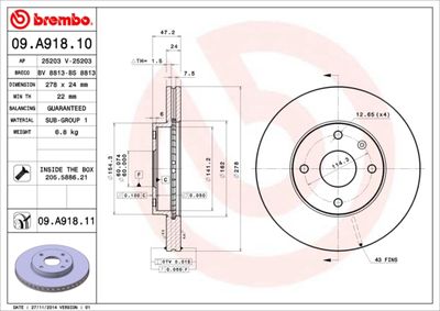 Тормозной диск BREMBO 09.A918.11 для DAEWOO TOSCA