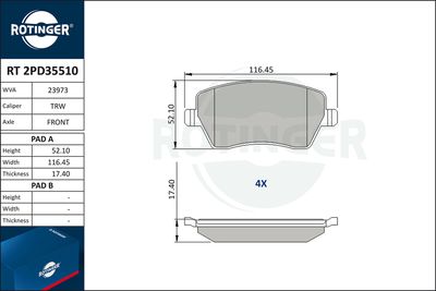 Zestaw klocków hamulcowych, hamulce tarczowe ROTINGER RT 2PD35510