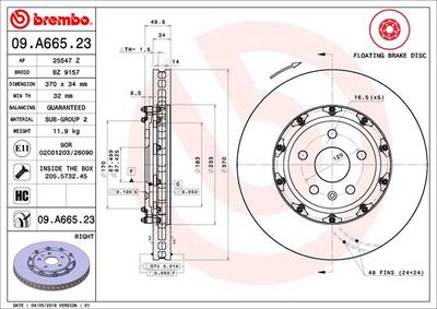 Тормозной диск BREMBO 09.A665.23 для CADILLAC CTS