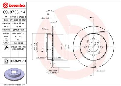 Тормозной диск BREMBO 09.9728.14 для SUZUKI IGNIS