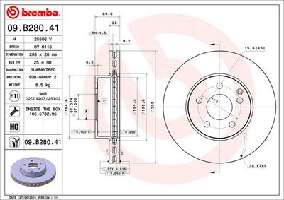 Тормозной диск BREMBO 09.B280.41 для MERCEDES-BENZ SLC
