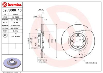 Тормозной диск BREMBO 09.5088.10 для SUBARU XT