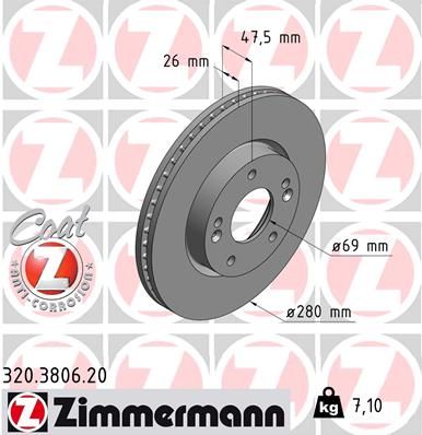 ZIMMERMANN 320.3806.20 Тормозные диски  для KIA  (Киа Каренс)
