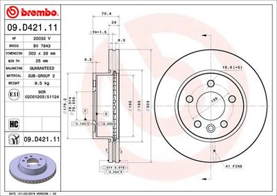 Тормозной диск BREMBO 09.D421.11 для MAN TGE