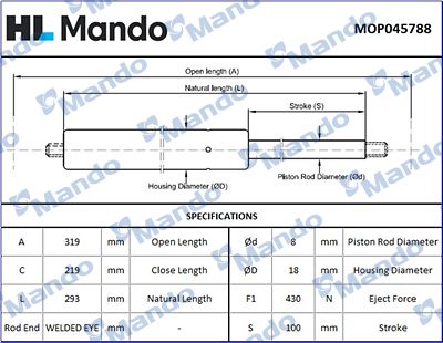 Sprężyna gazowa, pokrywa bagażnika MANDO MOP045788