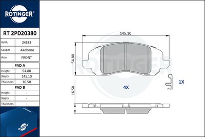 комплект спирачно феродо, дискови спирачки ROTINGER RT 2PD20380