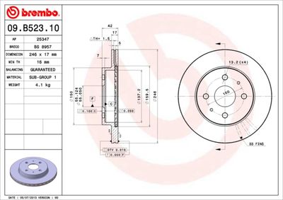 Тормозной диск BREMBO 09.B523.10 для TOYOTA bB