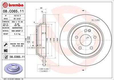Тормозной диск BREMBO 08.C065.11 для MERCEDES-BENZ VITO