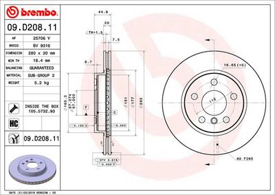 Тормозной диск BREMBO 09.D208.11 для BMW i3