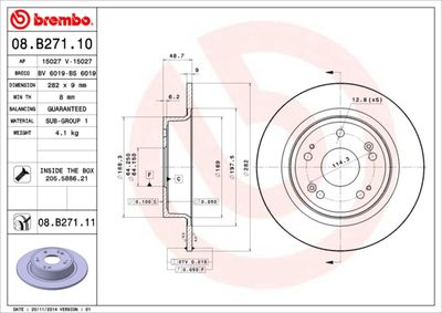 Тормозной диск BREMBO 08.B271.11 для ACURA TSX