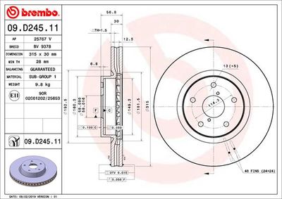 Тормозной диск BREMBO 09.D245.11 для SUBARU LEVORG