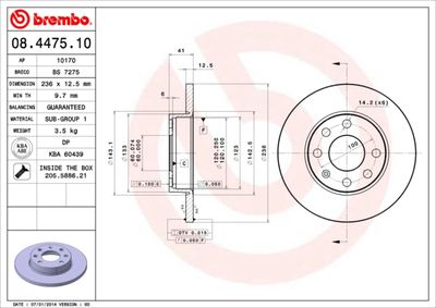 Тормозной диск BREMBO 08.4475.10 для OPEL ASTRA