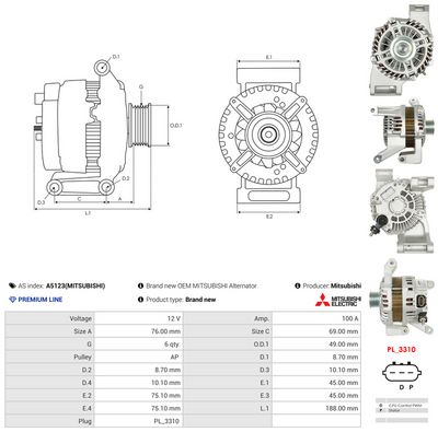 GENERATOR / ALTERNATOR AS-PL A5123MITSUBISHI 4