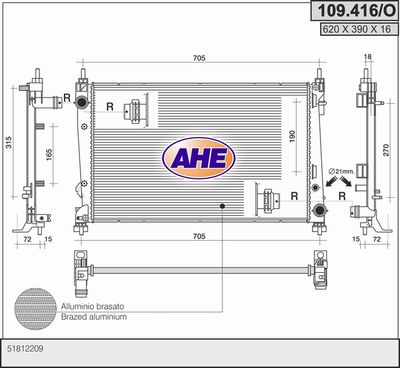 Радиатор, охлаждение двигателя AHE 109.416/O для FIAT DOBLO