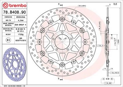Brake disc Voor drijvend, 330/72x5mm 5x90mm, diameter bevestigingsgat 8,5mm, hoogte (tussenruimte) 0 past: DUCATI 1098 1000RR/1098 /1098R/1098S/1099/1099S/1198/1198 (Carbon)/1198R Corse/1198S 2007-201