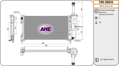 Радиатор, охлаждение двигателя AHE 109.360 для FIAT IDEA