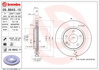 Тормозной диск BREMBO 09.B843.11 для MERCEDES-BENZ VANEO