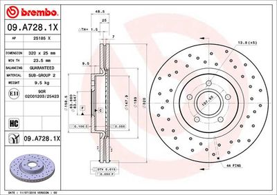 BREMBO 09.A728.1X Тормозные диски  для VOLVO V40 (Вольво В40)