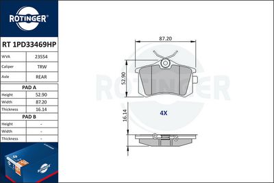 Zestaw klocków hamulcowych, hamulce tarczowe ROTINGER RT1PD33469HP