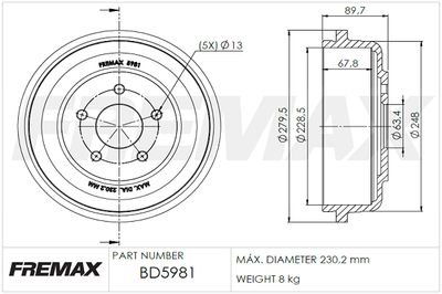 Тормозной барабан FREMAX BD-5981 для FORD TOURNEO