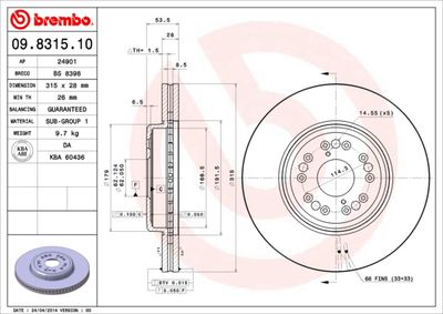 Тормозной диск BREMBO 09.8315.10 для TOYOTA CENTURY