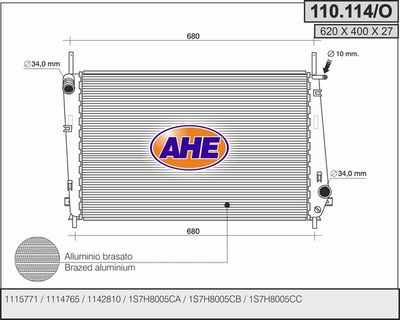 Радиатор, охлаждение двигателя AHE 110.114/O для FORD MONDEO
