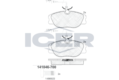 комплект спирачно феродо, дискови спирачки ICER 141046-700