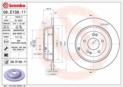 Тормозной диск BREMBO 08.E139.11 для KIA STINGER