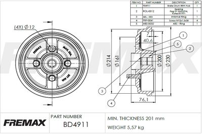 Тормозной барабан FREMAX BD-4911-KT для DAEWOO KALOS