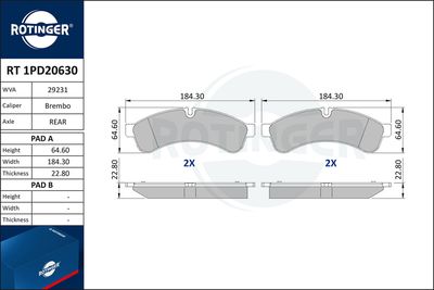 Zestaw klocków hamulcowych, hamulce tarczowe ROTINGER RT 1PD20630