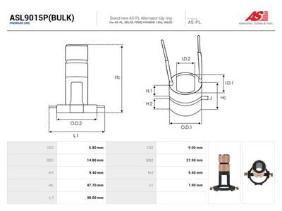 Klzný krúżok, alternátor AS-PL ASL9015P(BULK)