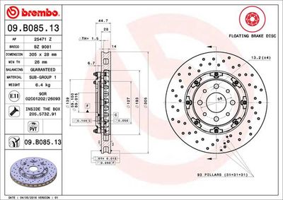 Тормозной диск BREMBO 09.B085.13 для ABARTH 500C