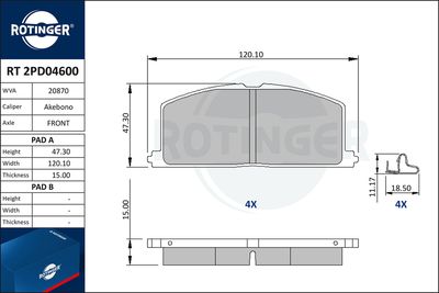 комплект спирачно феродо, дискови спирачки ROTINGER RT 2PD04600