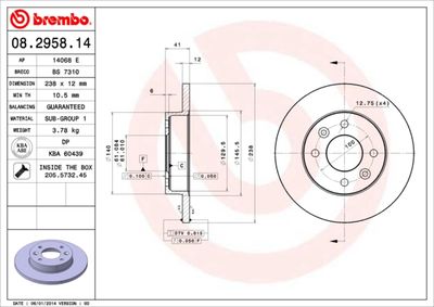 Тормозной диск BREMBO 08.2958.14 для RENAULT EXPRESS