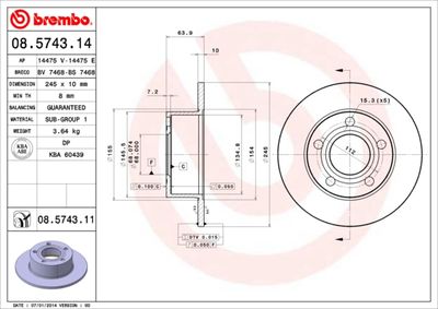 BREMBO 08.5743.11 Тормозные диски  для AUDI A6 (Ауди А6)