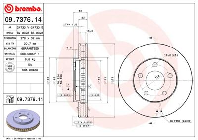 Тормозной диск BREMBO 09.7376.14 для PONTIAC GRAND PRIX