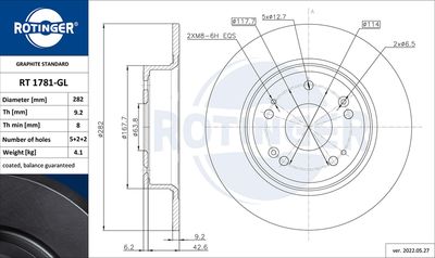 Тормозной диск ROTINGER RT 1781-GL для ACURA TSX