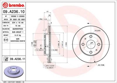 Тормозной диск BREMBO 09.A236.11 для TOYOTA DUET