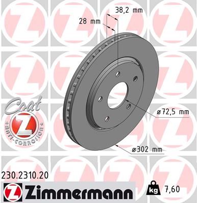 Тормозной диск ZIMMERMANN 230.2310.20 для DODGE GRAND CARAVAN