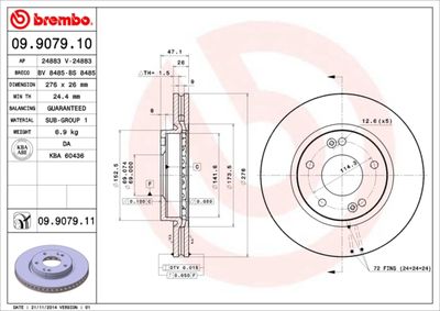 Тормозной диск BREMBO 09.9079.11 для HYUNDAI TRAJET