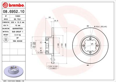 Тормозной диск BREMBO 08.6952.10 для SUBARU LEONE