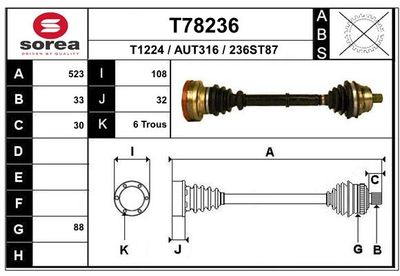 EAI T78236 Полуось в сборе  для AUDI 90 B3 (893, 894, 8A2) 2.3 E