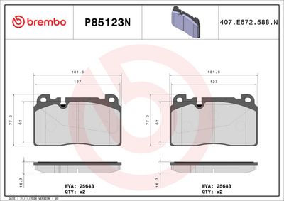 Sada brzdových destiček, kotoučová brzda BREMBO P85123N