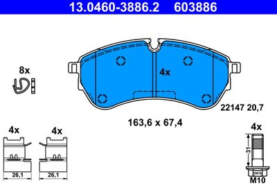 Комплект тормозных колодок, дисковый тормоз ATE 13.0460-3886.2 для VW CRAFTER