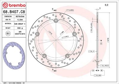 Brake disc Achter vast, 276/176x5mm 5x198mm, diameter bevestigingsgat 10,5mm, hoogte (tussenruimte) 0 past: BMW R 100R/100R (Mystic)/100R (Roadst. CL.)/1100GS/1100R/1100RS/1100RT/1100S/1150GS/1150GS (