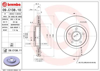 BREMBO 09.C138.10 Тормозные диски  для VOLVO V40 (Вольво В40)